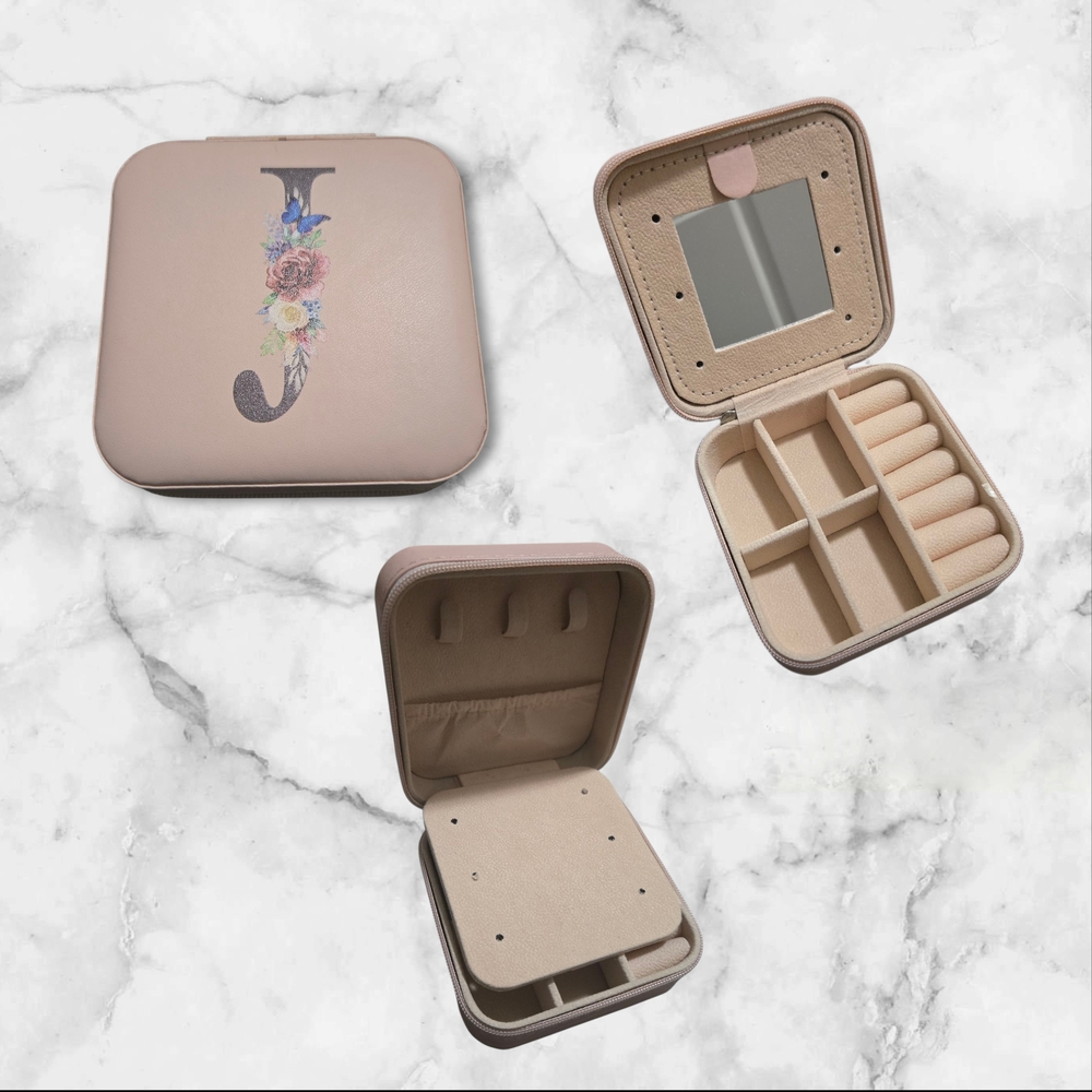 Pink Jewelry Travel Case with Floral Initial